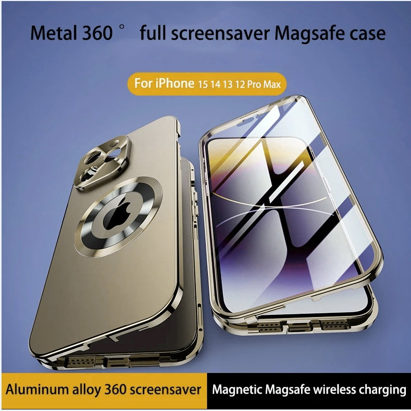 Luxus Ultra-Dünne iPhone Hülle: Metalllegierung und Glas, Sichtschutz, Doppelseitiger 360° Vollschutz | MagSafe-kompatibel Magnetischer Adsorption, Stoßfest, Kameraschutz Case, Schutzhülle Apple iPhone 16/16e, 15, 14, 13, 12 Pro Max, Pro, Plus, Mini Cover