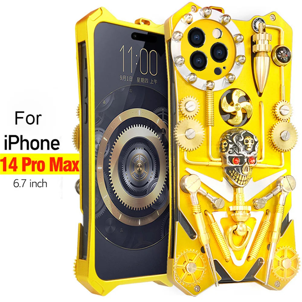 Premium Mechanisches Gaming-Design: Stoßfeste Metall-Handyhülle mit Zahnrad, Ständer und MagSafe | Aluminium-Kühlung, Schädel-Kompass-Abdeckung für Apple iPhone 16/15/14/13/12 Pro Max, Pro, Plus, e & Mini | MagSafe Case, Rundumschutz & Kameralinsenschutz