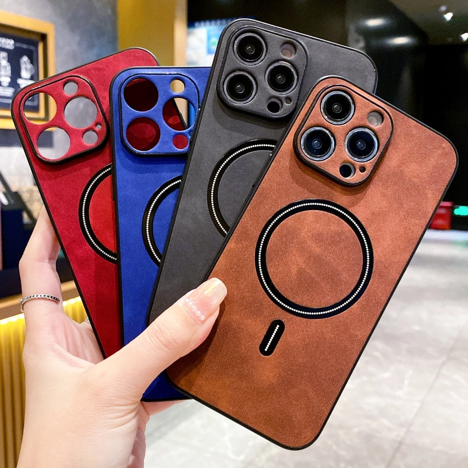 Hochwertige Leder MagSafe Case: Magnetische iPhone-Hülle | Stoßfestes Cover mit Kameraschutzabdeckung – Panzertasche für Apple iPhone 16/15/14/13/12 Pro Max Plus Mini | Luxus Handyhülle