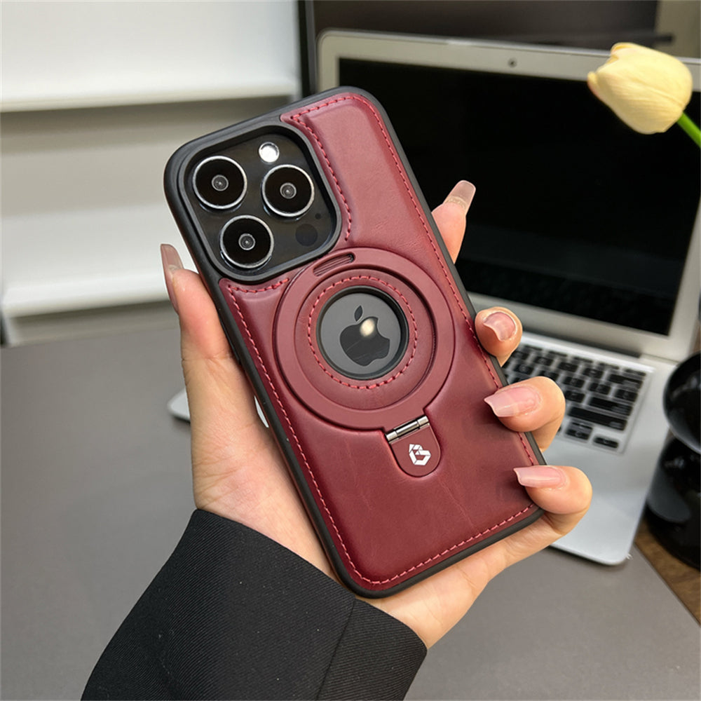 Premium Leder iPhone Hülle mit Magnetring-Ständer: 360 Grad Rotierende Gyro-Standfunktion & Faltbarer Halter | MagSafe Case, Rundumschutz, Kameralinsenschutz für Apple iPhone 16/16e, 15, 14, 13, 12 Pro Max, Pro, Plus, Mini Cover | Panzertasche Schutzhülle