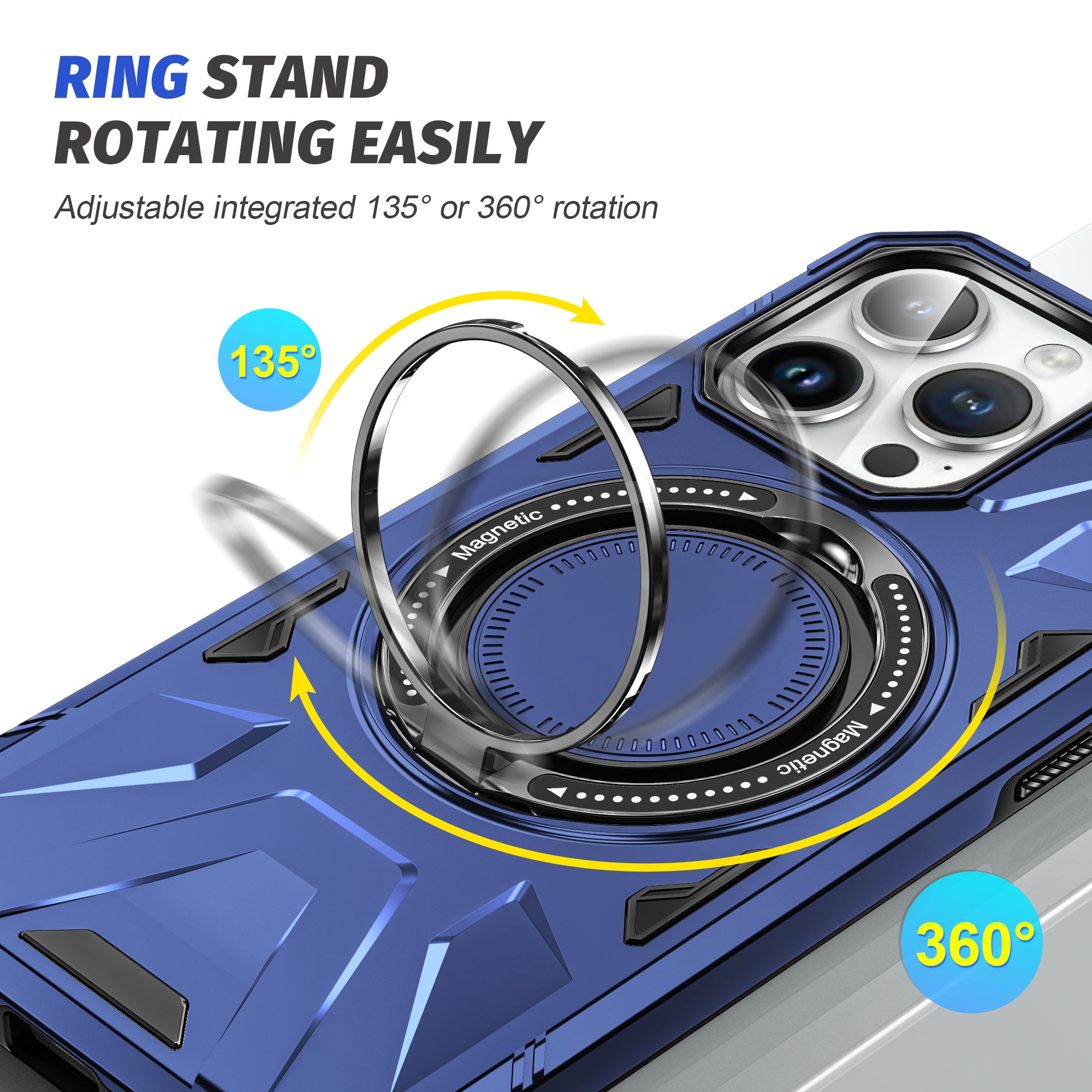 Hochwertige Militärpanzer-iPhone-Hülle, 360-Grad drehbarem Ringständer Halterung | MagSafe Case, Kameraschutzabdeckung für Apple iPhone 16/15/14/13/12 Pro Max Plus Mini Cover | Magnetisches kabelloses Laden, Harte PC-Panzertasche, stoßfeste Handyhülle
