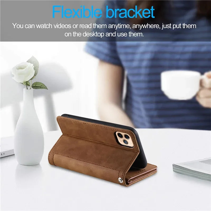 Hochwertige Leder-Handyhülle mit Reißverschluss, Kartenhalter, Stand und Riemen iPhone Hülle | Flip-Cover Case für Apple iPhone 16/16e, 15, 14, 13, 12 Pro Max, Pro, Plus & Mini - Vielseitige Schutzhülle