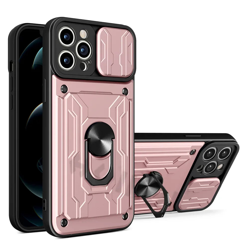 Hochwertiges Flüssige Silikon-Kartenhalterung Ring Magnetständer iPhone Hülle | MagSafe Case mit Rundumschutz und Kameralinsenschutzabdeckung für Apple iPhone 16/15/14/13/12 Pro Max Plus Mini Cover | Panzertasche Handyhülle | Premium Wallet Schutzhülle