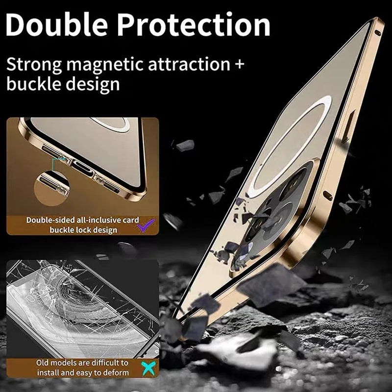 Hochwertige iPhone Hülle mit 360° Vollversiegeltem Schutz aus Glas und Metall | MagSafe-kompatible Schutzhülle mit Rundumschutz, Kameralinsenschutz für Apple iPhone 16/16e, 15, 14, 13, 12 Pro Max, Pro, Plus, Mini Cover | Panzertasche Stoßstangenabdeckung