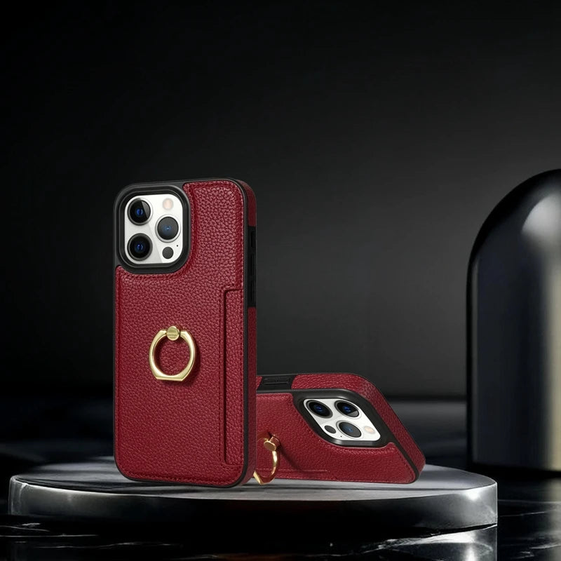 Hochwertiges Kartenfach Leder Brieftasche, Ringhalter und Ständer iPhone Hülle | MagSafe Case, Rundumschutz, Kameralinsenschutzabdeckung für Apple iPhone 16/16e, 15, 14, 13, 12 Pro Max, Pro, Plus, Mini | Panzer Handyhülle Wallet Geldbörse Schutzhülle