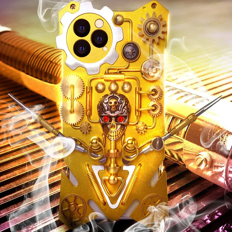 Premium Mechanisches Gaming-Design: Stoßfeste Metall-Handyhülle mit Zahnrad, Ständer und MagSafe | Aluminium-Kühlung, Schädel-Kompass-Abdeckung für Apple iPhone 16/15/14/13/12 Pro Max, Pro, Plus, e & Mini | MagSafe Case, Rundumschutz & Kameralinsenschutz