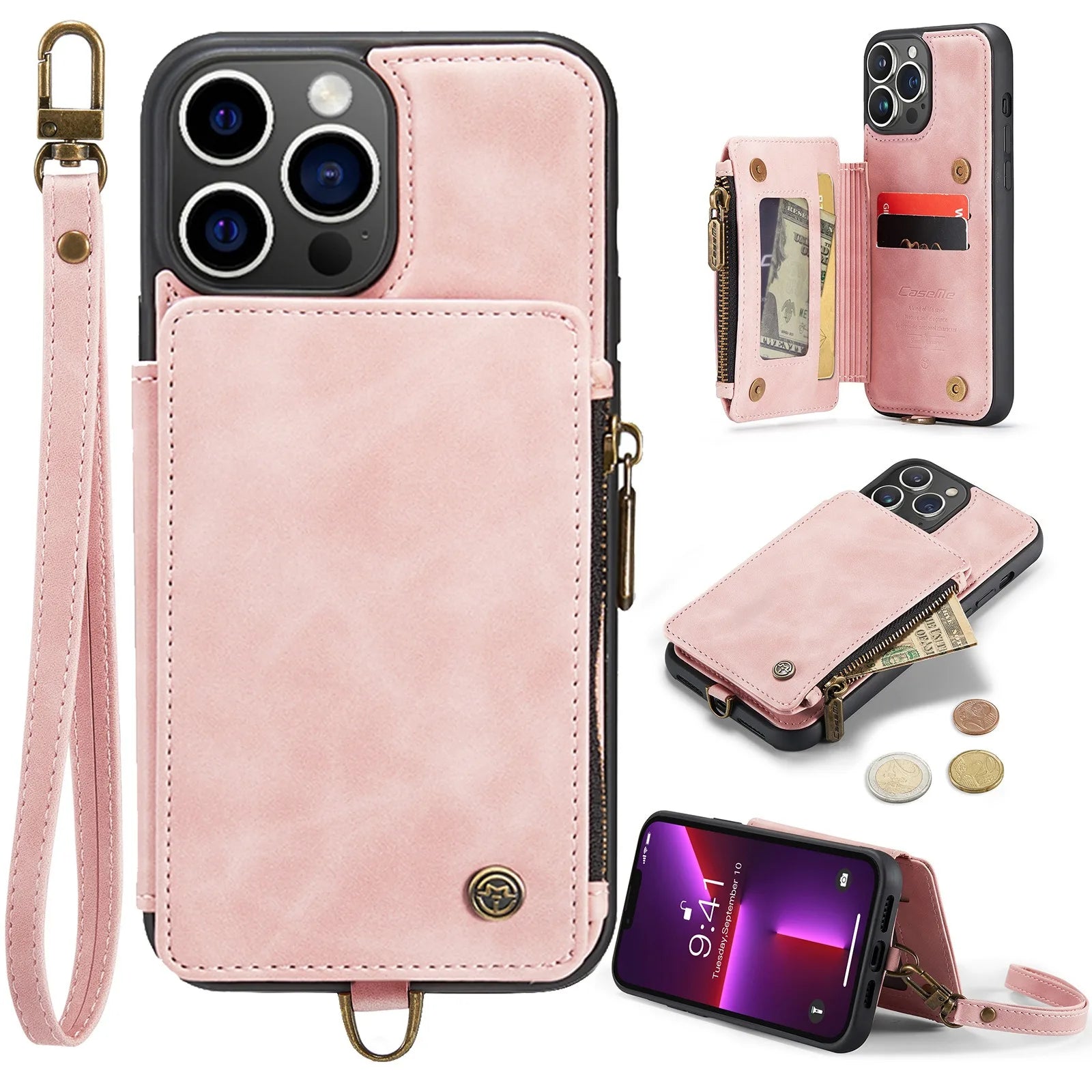 Hochwertige Leder-Brieftasche mit Kartenfach, Portmonee und Ständer iPhone-Hülle | MagSafe Case, Rundumschutz, Kameralinsenschutzabdeckung für Apple iPhone 16/15/14/13/12 Pro Max Plus Mini Cover | Panzertasche Handyhülle | Wallet & Geldbörse Schutzhülle