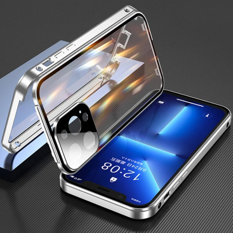 Hochwertige iPhone Hülle mit 360° Vollversiegeltem Schutz aus Glas und Metall | MagSafe-kompatible Schutzhülle mit Rundumschutz, Kameralinsenschutz für Apple iPhone 16/16e, 15, 14, 13, 12 Pro Max, Pro, Plus, Mini Cover | Panzertasche Stoßstangenabdeckung