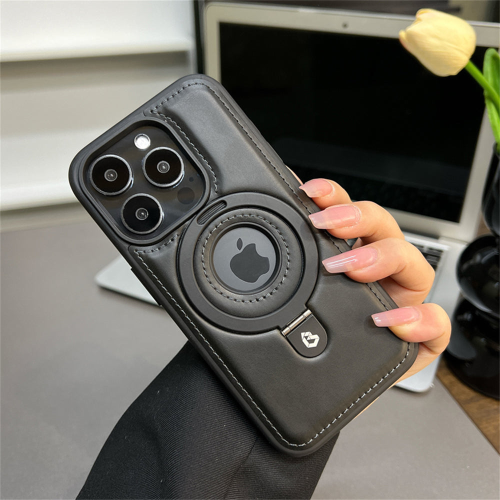 Premium Leder iPhone Hülle mit Magnetring-Ständer: 360 Grad Rotierende Gyro-Standfunktion & Faltbarer Halter | MagSafe Case, Rundumschutz, Kameralinsenschutz für Apple iPhone 16/16e, 15, 14, 13, 12 Pro Max, Pro, Plus, Mini Cover | Panzertasche Schutzhülle