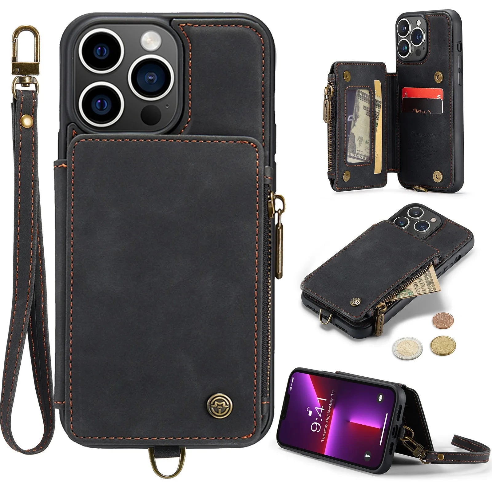 Hochwertige Leder-Brieftasche mit Kartenfach, Portmonee und Ständer iPhone-Hülle | MagSafe Case, Rundumschutz, Kameralinsenschutzabdeckung für Apple iPhone 16/15/14/13/12 Pro Max Plus Mini Cover | Panzertasche Handyhülle | Wallet & Geldbörse Schutzhülle
