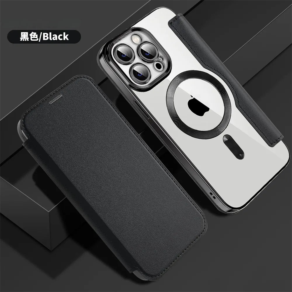 Premium Flip-Lederhülle mit Kartensteckplatz und Kartenhalter Geldbörse, Magnetische & Stoßfeste iPhone Hülle | Flip-Cover Stand Case für Apple iPhone 16/15/14/13/12 Pro Max Plus Mini Cover - Vielseitige Schutzhülle