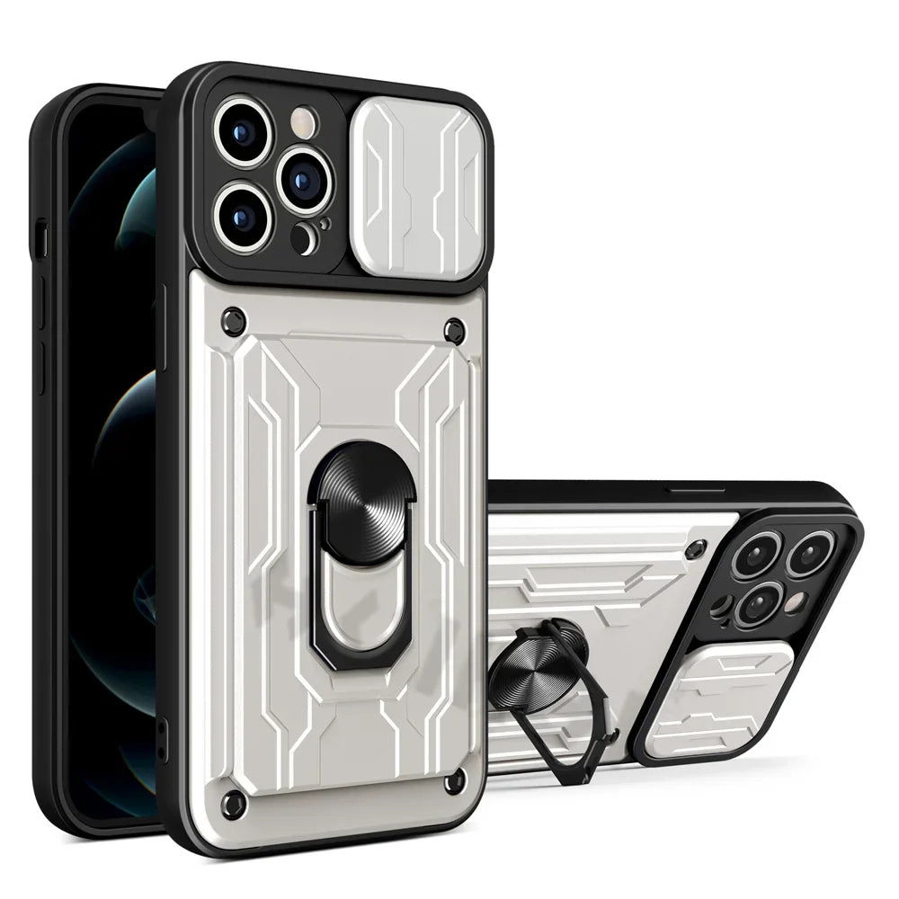 Hochwertiges Flüssige Silikon-Kartenhalterung Ring Magnetständer iPhone Hülle | MagSafe Case mit Rundumschutz und Kameralinsenschutzabdeckung für Apple iPhone 16/15/14/13/12 Pro Max Plus Mini Cover | Panzertasche Handyhülle | Premium Wallet Schutzhülle