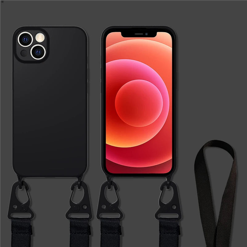 Hochwertige Crossbody-Halskettenriemen Lanyard Weiche Silikon iPhone Hülle | MagSafe Case, Kameralinsenschutzabdeckung für Apple iPhone 17/17 Air, 16/16e, 15, 14, 13 Pro Max Plus Cover – Umhängeband, Schulterriemen, Kartenhalter | Premium Schutzhülle