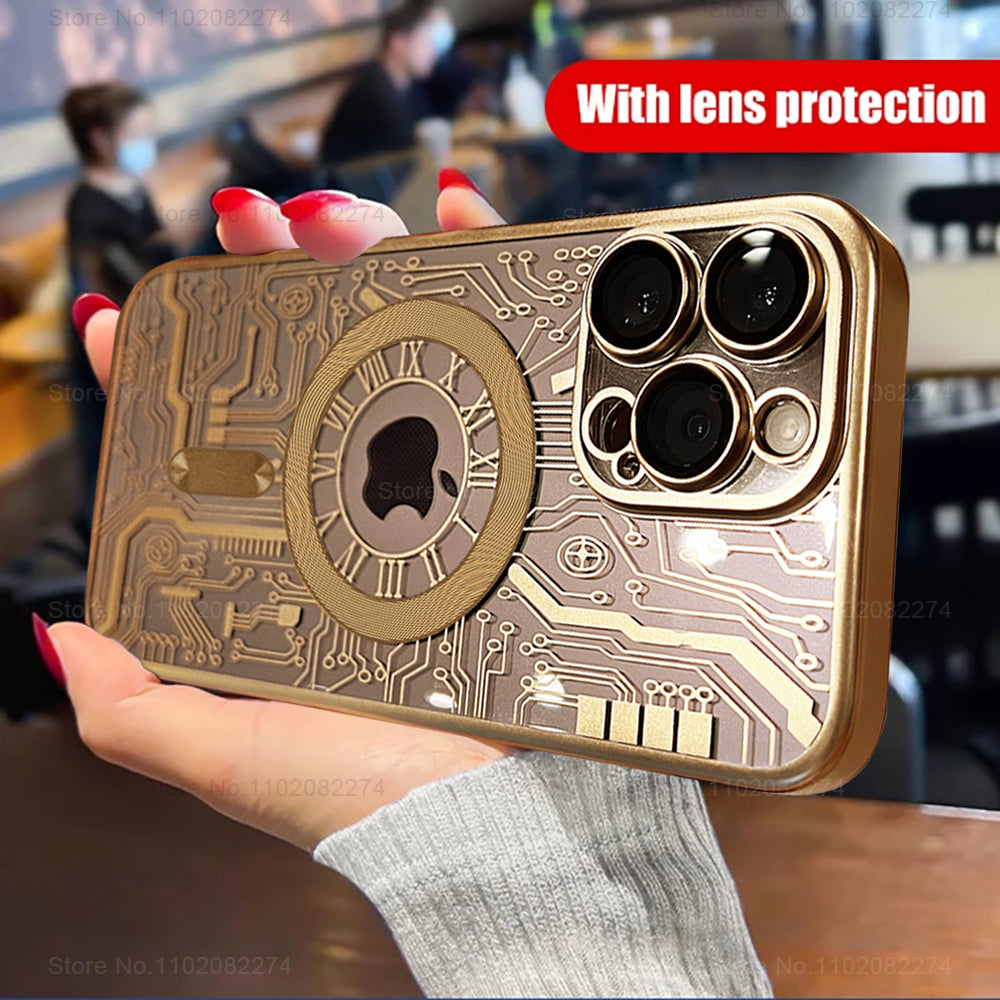 Premium Mechanische Uhr Textur Design Magnetische MagSafe Transparente iPhone-Hülle | Rundumschutz & Kameralinsenschutz Case für Apple iPhone 16/15/14/13/12 Pro Max, Pro, Plus, e & Mini Cover | Stoßfeste Handyhülle mit Panzertasche & Stoßstangenabdeckung
