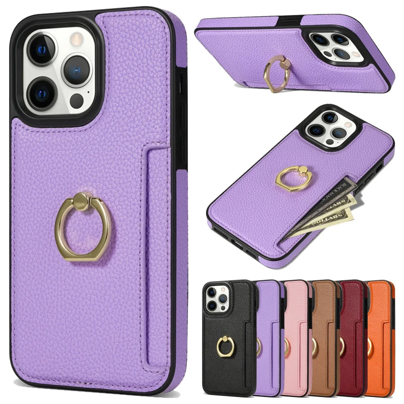 Hochwertiges Kartenfach Leder Brieftasche, Ringhalter und Ständer iPhone Hülle | MagSafe Case, Rundumschutz, Kameralinsenschutzabdeckung für Apple iPhone 16/16e, 15, 14, 13, 12 Pro Max, Pro, Plus, Mini | Panzer Handyhülle Wallet Geldbörse Schutzhülle