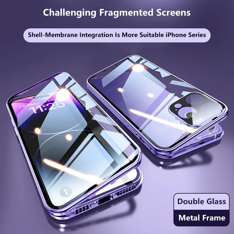 Luxus Ultra-Dünne iPhone Hülle mit 360° Vollschutz aus Metall und Glas | MagSafe-kompatibel, Magnetische Adsorption | Stoßfest mit Kameraschutz, Panzer-Schutzhülle | Stilvolle Handyhülle Apple iPhone 16/16e, 15, 14, 13, 12 Pro Max, Pro, Plus & Mini Cover