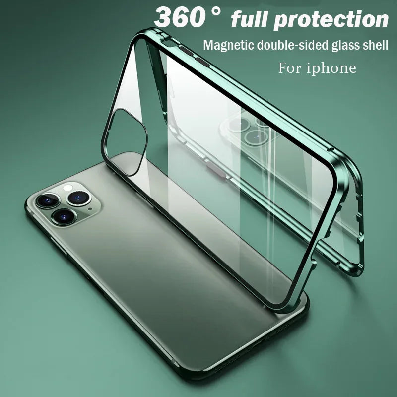 Hochwertige iPhone Hülle: Metallrahmen und doppelseitigem Glas | MagSafe-kompatible, Magnetische Adsorption, 360° Vollschutz Case | Stoßfest Glasobjektiv-Kameraschutz Panzer-Schutzhülle | Apple iPhone 16/16e, 15, 14, 13, 12 Pro Max, Pro, Plus & Mini Cover