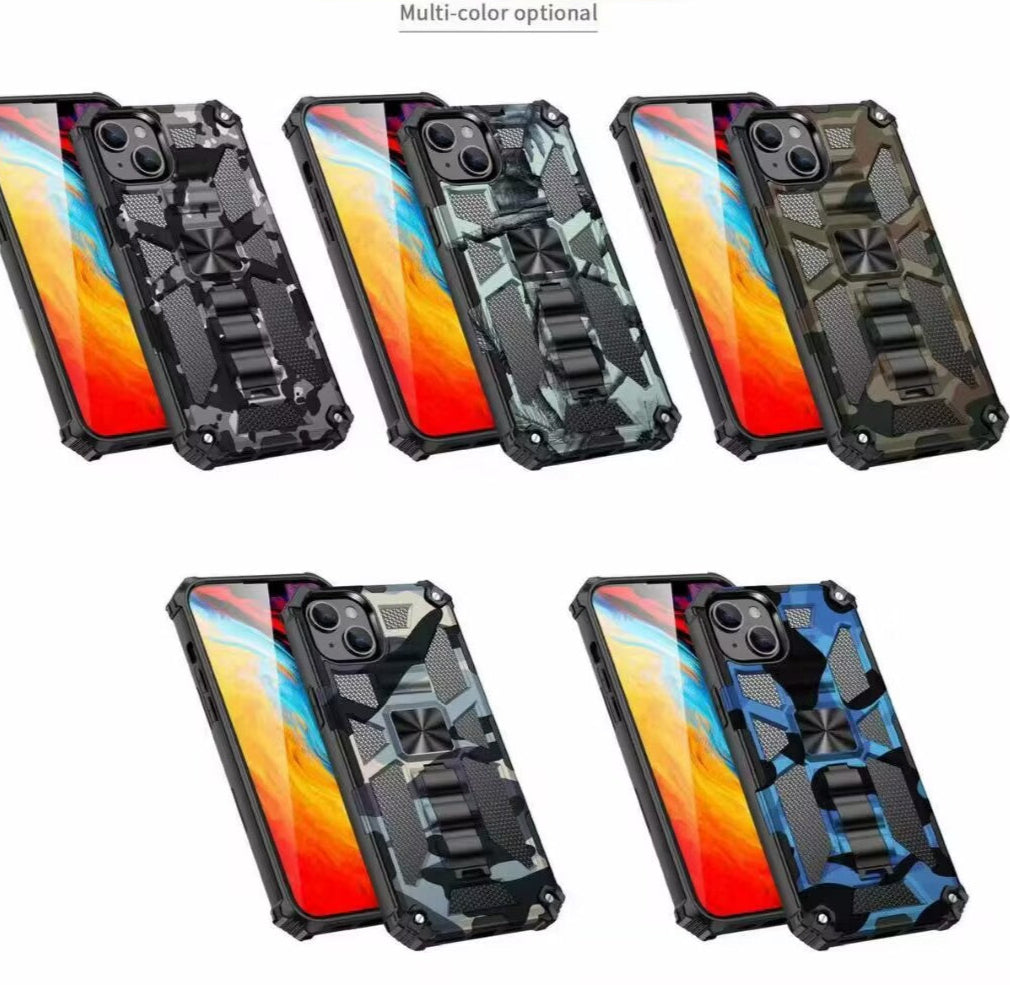 Hochwertige Hybrid-Militärpanzerung iPhone-Hülle MagSafe Case für Apple iPhone 16/15/14/13/12 Pro Max Plus Mini mit eingebautem Ständer, Tarnung-Cover, Kamera-Rundumschutz und Bildschirmschutz Handyhülle