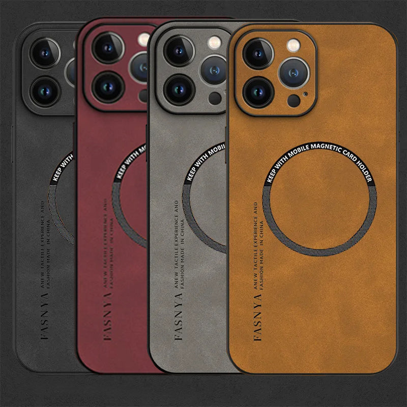 Hochwertige Leder MagSafe Case: Magnetische iPhone-Hülle | Stoßfestes Cover mit Kameraschutzabdeckung – Panzertasche für Apple iPhone 16/15/14/13/12 Pro Max Plus Mini | Luxus Handyhülle