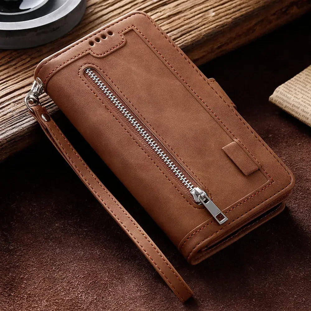 Hochwertige Leder-Handyhülle mit Reißverschluss, Kartenhalter, Stand und Riemen iPhone Hülle | Flip-Cover Case für Apple iPhone 16/16e, 15, 14, 13, 12 Pro Max, Pro, Plus & Mini - Vielseitige Schutzhülle