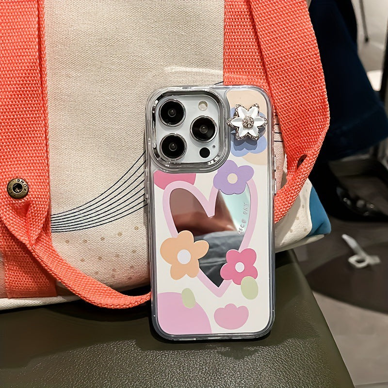 Premium süße Liebe-Herz-Blumen-Spiegel-Design iPhone-Hülle | MagSafe-Case mit Rundumschutz & Kameralinsenschutz für Apple iPhone 16/16e, 15, 14, 13, 12 Pro Max, Pro, Plus & Mini Cover | Panzertasche & Stoßstangenabdeckung | Hochwertige Handyhülle