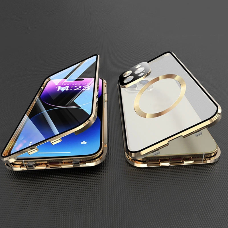 Hochwertige iPhone Hülle mit 360° Vollversiegeltem Schutz aus Glas und Metall | MagSafe-kompatible Schutzhülle mit Rundumschutz, Kameralinsenschutz für Apple iPhone 16/16e, 15, 14, 13, 12 Pro Max, Pro, Plus, Mini Cover | Panzertasche Stoßstangenabdeckung