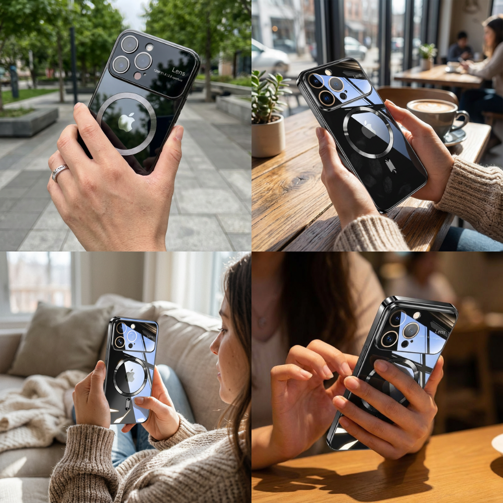 Luxus Ultra-Dünne Apple iPhone Hülle | MagSafe Case mit Kameralinsenschutz | Magnetische, Klare, Transparente, Stoßfeste & Sturzsichere Hart-PC-Glas Cover | Kratzfester Silikon-Bumper, Kabelloses Laden Handyschutzhülle