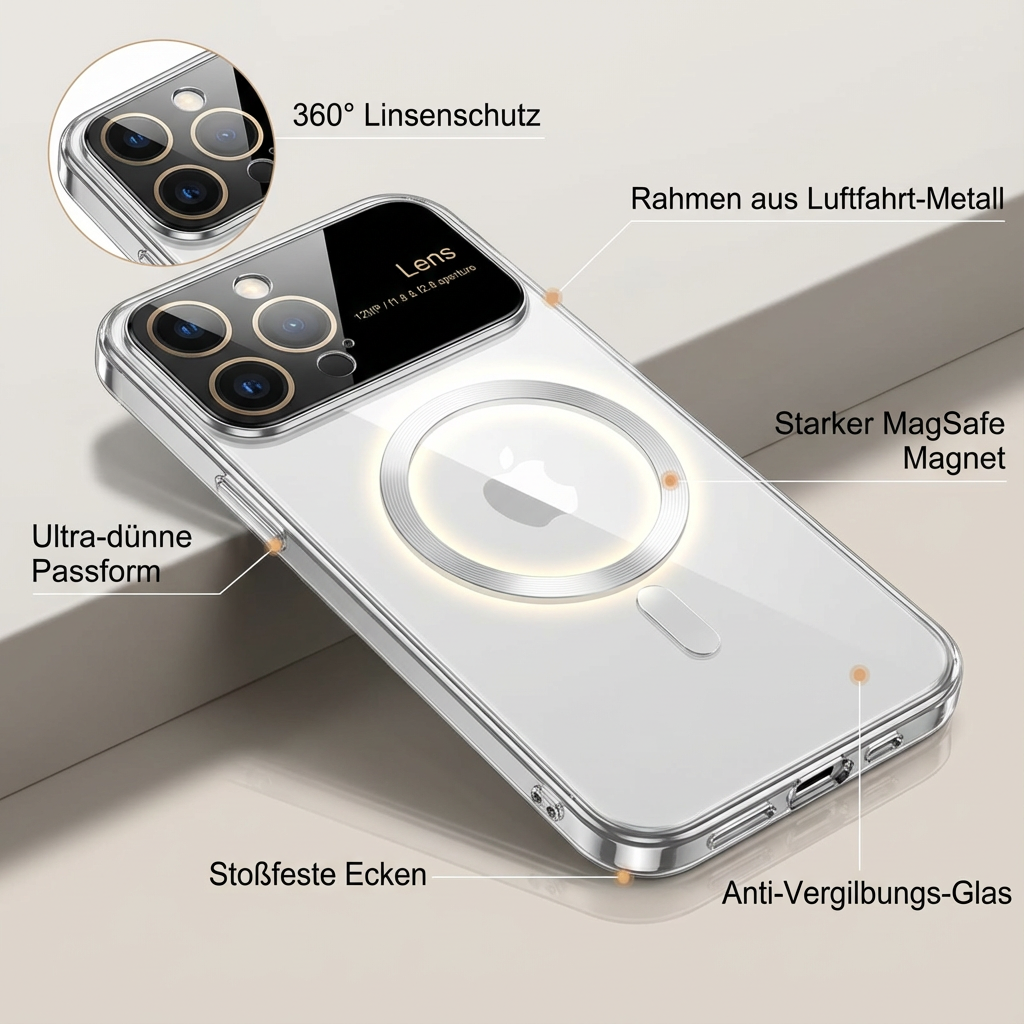 Luxus Ultra-Dünne Apple iPhone Hülle | MagSafe Case mit Kameralinsenschutz | Magnetische, Klare, Transparente, Stoßfeste & Sturzsichere Hart-PC-Glas Cover | Kratzfester Silikon-Bumper, Kabelloses Laden Handyschutzhülle