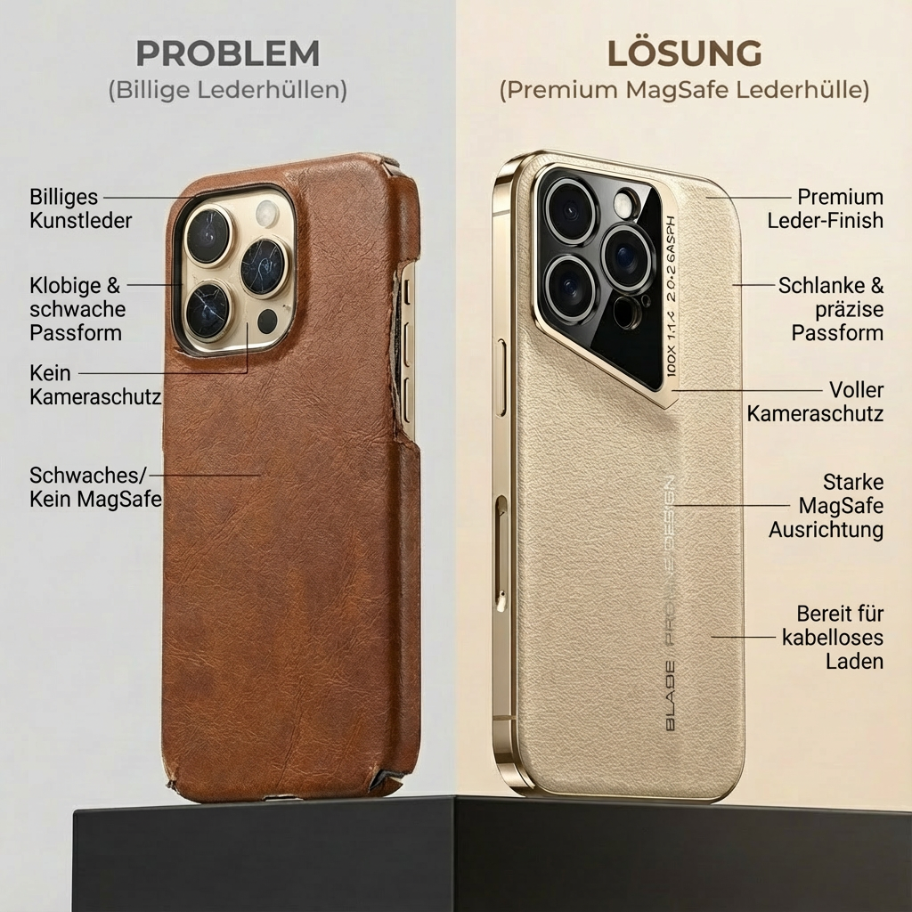 Luxus Leder iPhone Hülle MagSafe Case – elektroplattiertes Premium-Leder, 360° Kamera- & Display-Schutz, ultradünne Hard-Shell, stoßfest, kratzfest, schlankes Slim-Design, langlebiges Cover, kabelloses Laden kompatibel, stylisch & robust, Premium-Schutz