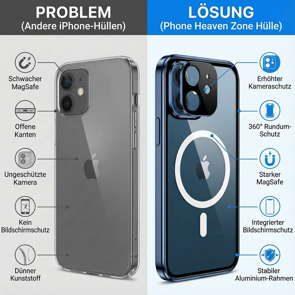 Magnetische iPhone Hülle | Magsafe, 360° Vollschutz, Kameraschutz & Bildschirmschutz Case, Aluminium & Glas, Rundum Stossfest, Transparente Handyschutzhülle & Klare Cover