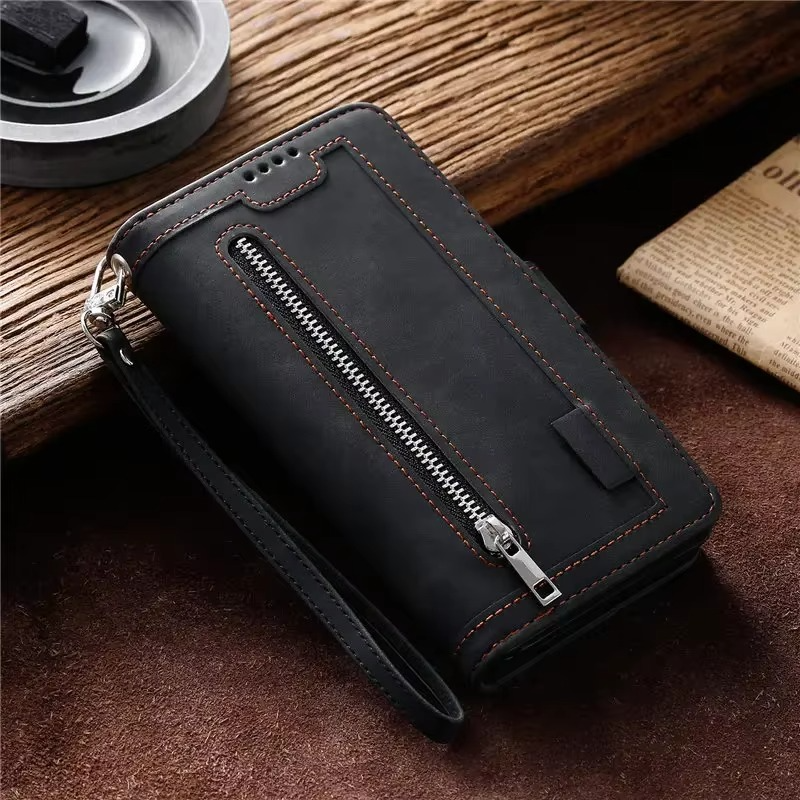 Hochwertige Leder-Handyhülle mit Reißverschluss, Kartenhalter, Stand und Riemen iPhone Hülle | Flip-Cover Case für Apple iPhone 16/16e, 15, 14, 13, 12 Pro Max, Pro, Plus & Mini - Vielseitige Schutzhülle
