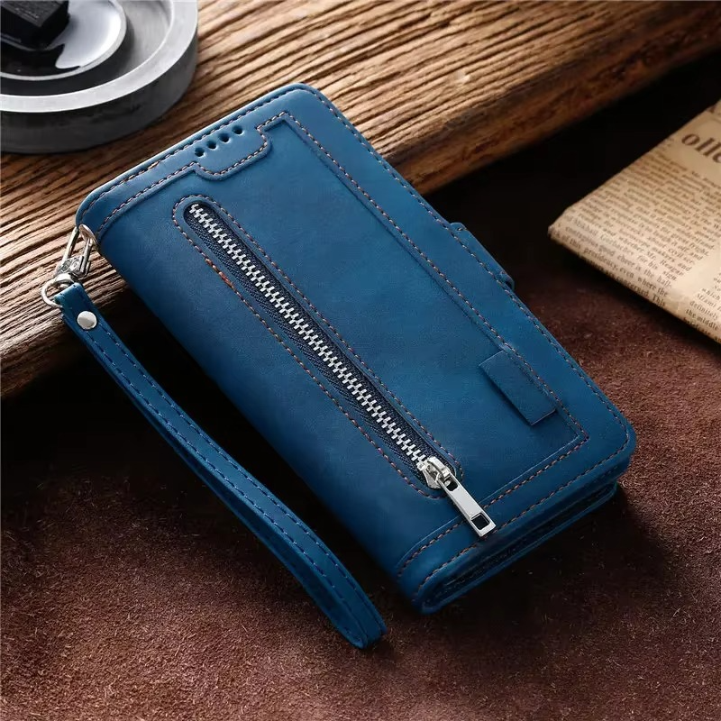 Hochwertige Leder-Handyhülle mit Reißverschluss, Kartenhalter, Stand und Riemen iPhone Hülle | Flip-Cover Case für Apple iPhone 16/16e, 15, 14, 13, 12 Pro Max, Pro, Plus & Mini - Vielseitige Schutzhülle