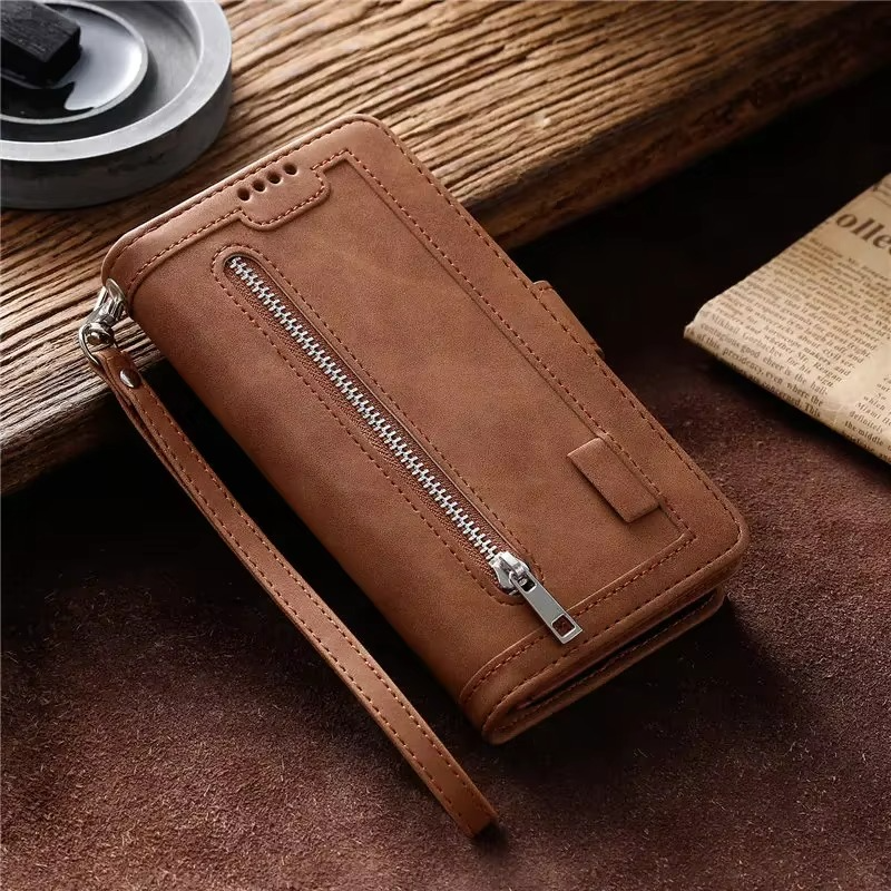 Hochwertige Leder-Handyhülle mit Reißverschluss, Kartenhalter, Stand und Riemen iPhone Hülle | Flip-Cover Case für Apple iPhone 16/16e, 15, 14, 13, 12 Pro Max, Pro, Plus & Mini - Vielseitige Schutzhülle