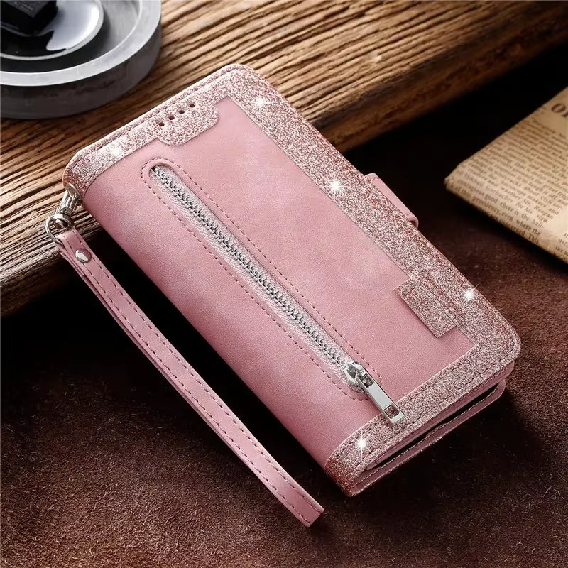 Hochwertige Leder-Handyhülle mit Reißverschluss, Kartenhalter, Stand und Riemen iPhone Hülle | Flip-Cover Case für Apple iPhone 16/16e, 15, 14, 13, 12 Pro Max, Pro, Plus & Mini - Vielseitige Schutzhülle