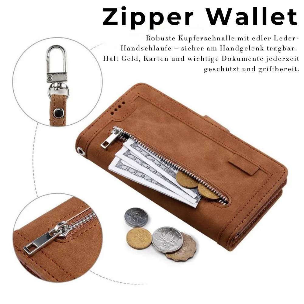 Hochwertige Leder-Handyhülle mit Reißverschluss, Kartenhalter, Stand und Riemen iPhone Hülle | Flip-Cover Case für Apple iPhone 17/17 Air, 16/16e, 15, 14, 13, 12 Pro Max, Pro, Plus & Mini - Vielseitige Schutzhülle