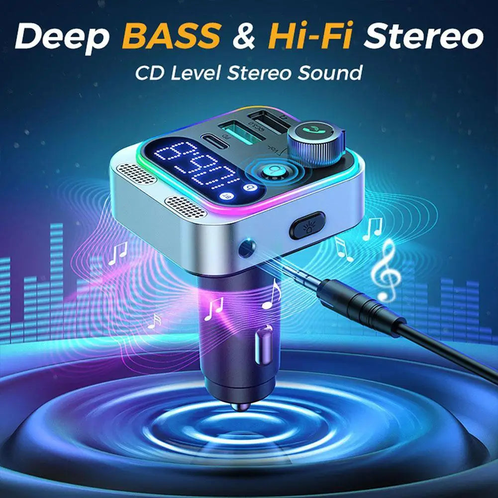 Premium Bluetooth 5.2 FM-Sender Auto-USB Ladegerät, FM/Aux Bluetooth-Adapter, Bass-Boost, 3-Port Car USB Ladestation Smartphones, Apple iPhone, Samsung, iOS & Android