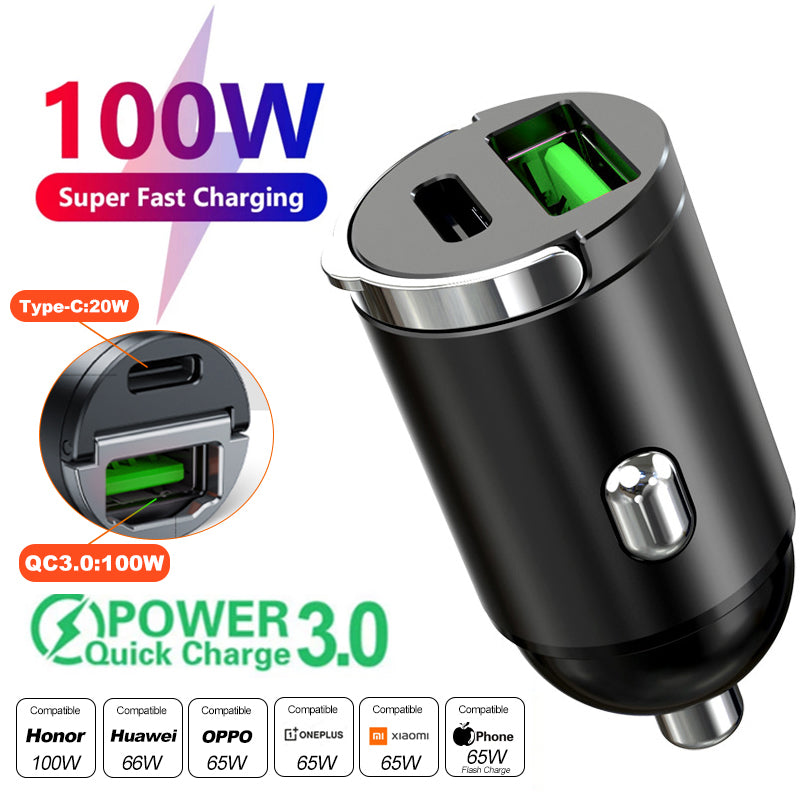Hochwertiges 200W Mini-Autoladegerät mit Schnellladefunktion für Smartphones, Apple iPhone, Samsung, iOS & Android  Xiaomi, Huawei | QC 3.0 PD, USB Typ C Autotelefonladegerät
