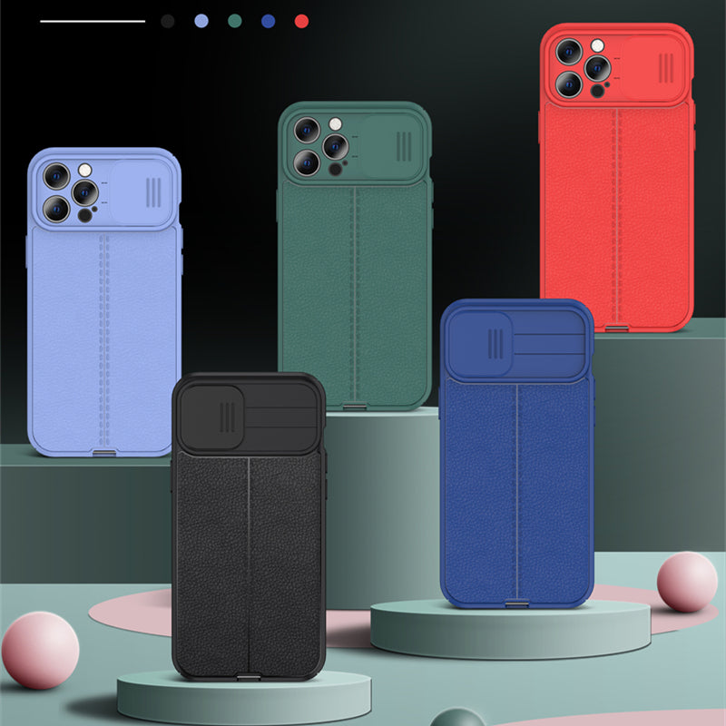 Hochwertiges Kamera Slider Objektiv mit luxuriöser Leder Textur iPhone Hülle | MagSafe Case mit Rundumschutz und Kameralinsenschutzabdeckung für Apple iPhone 17/17 Air, 16/16e, 15, 14, 13 Pro Max Plus Cover | Panzertasche Handyhülle | Premium Schutzhülle