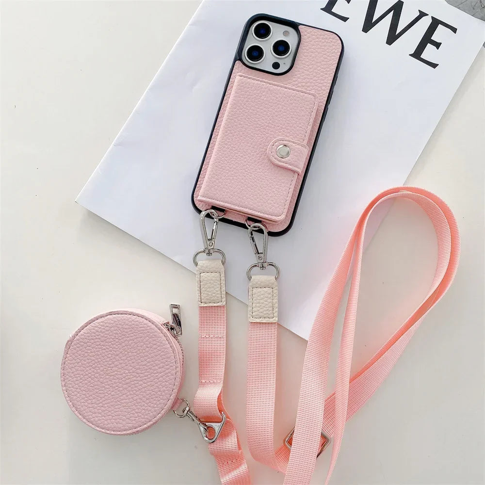 Luxury Crossbody Wallet iPhone Case – Card Slot, Coin Purse, Leather Lanyard, Protective & Stylish Cover | Case for iPhone