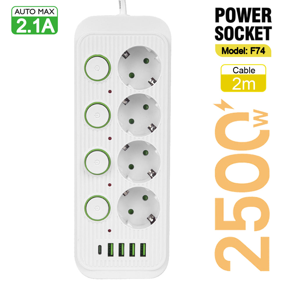Steckdosenleiste 2 m Verlängerungskabel Multiprise 3 AC-Steckdosen mit 4 USB 1 Typ-C | Premium-Netzwerkfilter und  Ladegerät