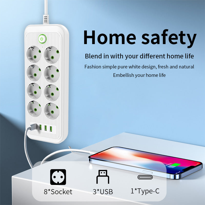 Steckdosenleiste 2 m Verlängerungskabel Multiprise 3 AC-Steckdosen mit 4 USB 1 Typ-C | Premium-Netzwerkfilter und  Ladegerät